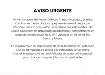 Hoy martes 1ro de Julio, la UAT, suspende clases por condiciones meteorológicas.